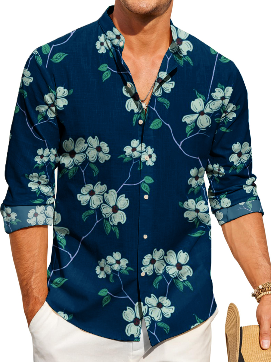 Flower Print Band Collar Long Sleeve Hawaiian Shirt