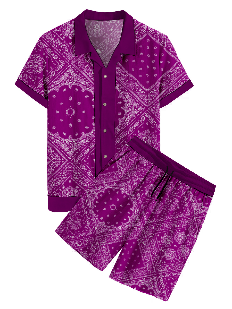 Men's Sets Hawaiian Vintage Plaid Patchwork Print Button Pocket Two-Piece Shirt Shorts Set