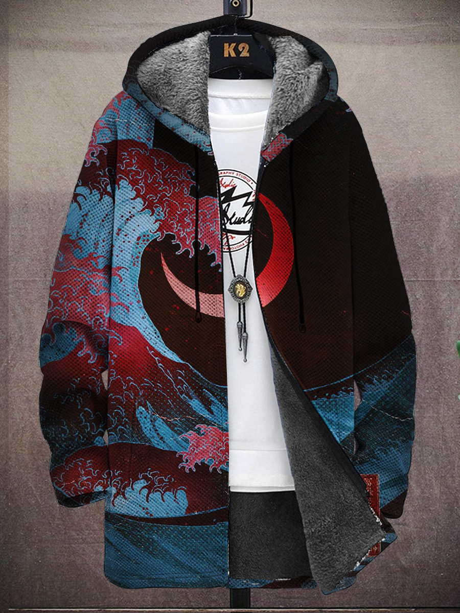 Men's Japanese Style Moon Print Hooded Two-Pocket Fleece Cardigan Jacket