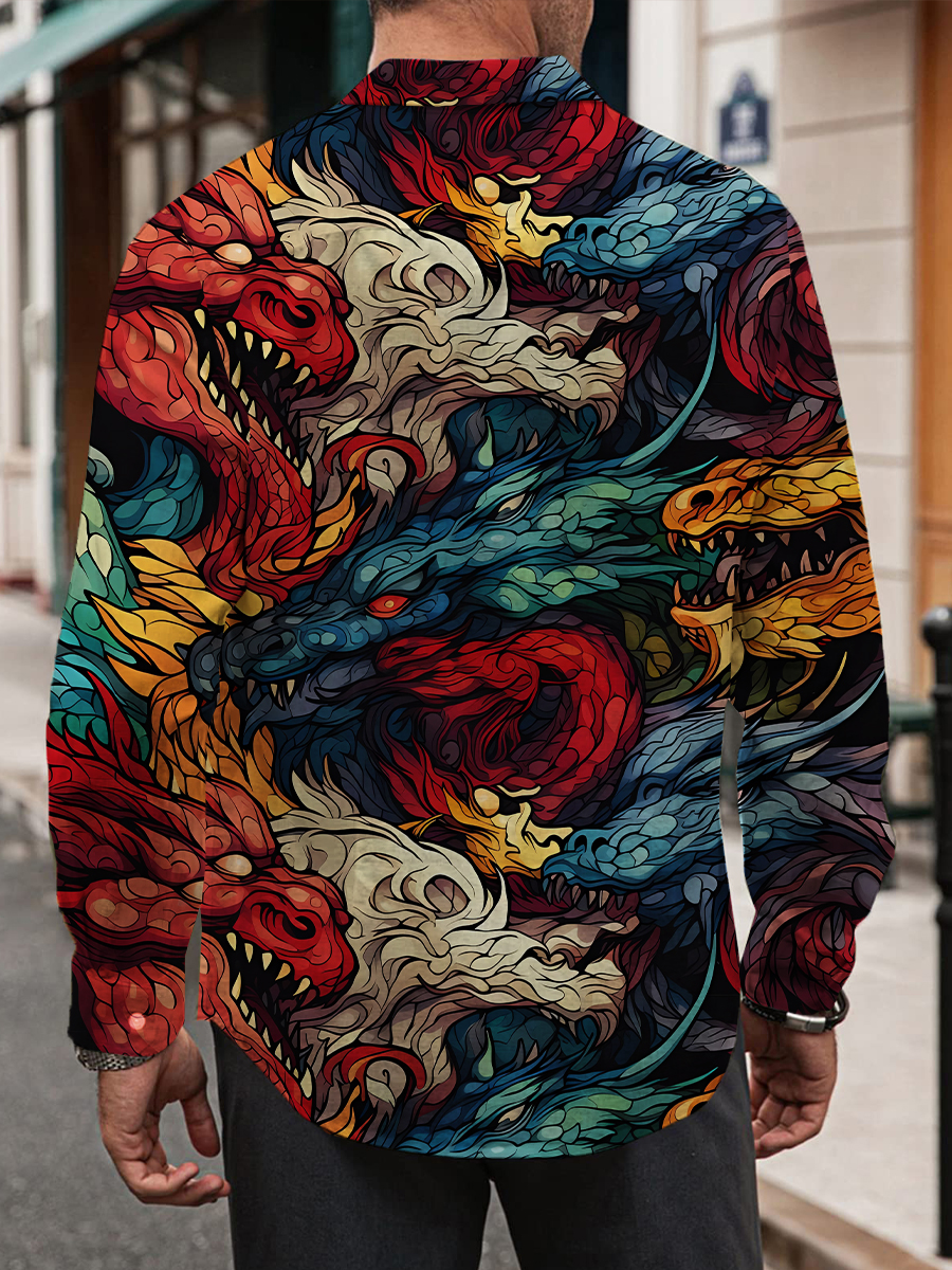 Retro Colorful Dragonfire Kaleidoscope Print Long Sleeve Hawaiian Shirt