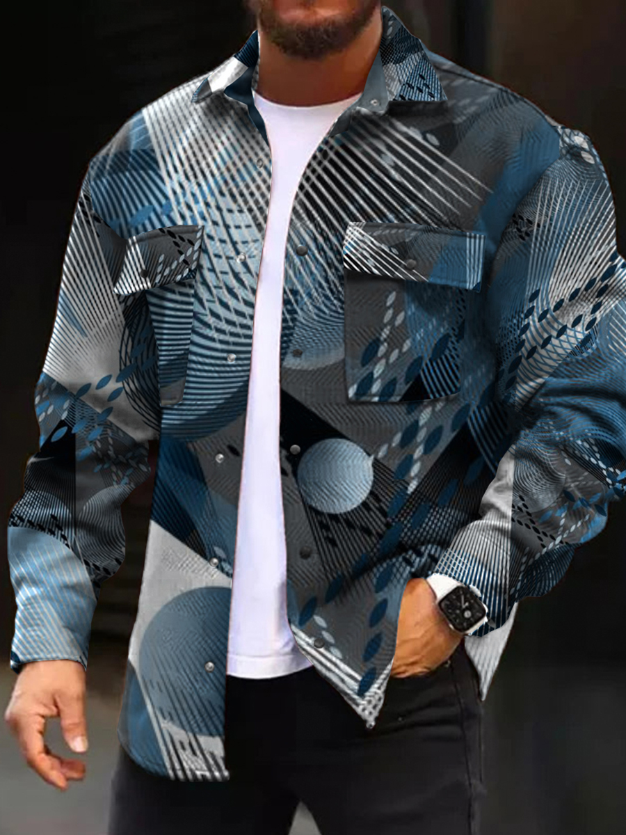 Men's Casual Jacket Navy Geometric Print Long Sleeve Pockets Shirt Jacket