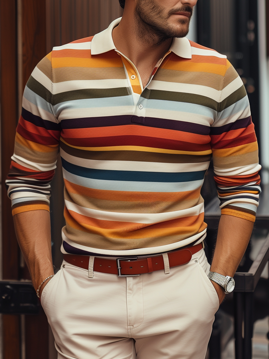 Men's Brown Stripes Long Sleeve Button Polo Shirt