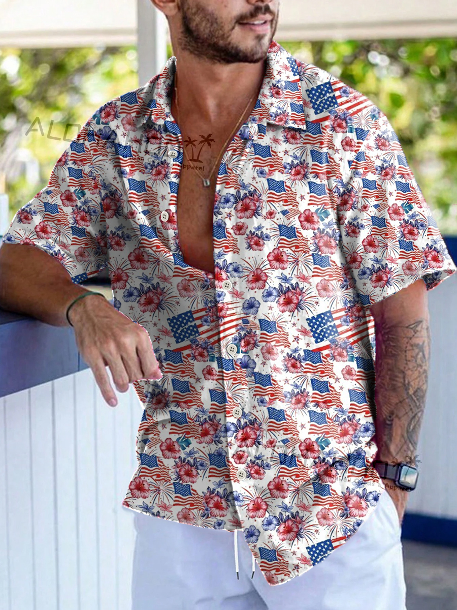 Men's Hawaiian Shirt Independence Floral Art Print Beach Easy Care Short Sleeve Shirt