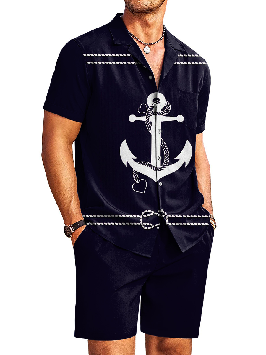 Men's Sets Hawaiian Anchor Print Button Pocket Two-Piece Shirt Shorts Set