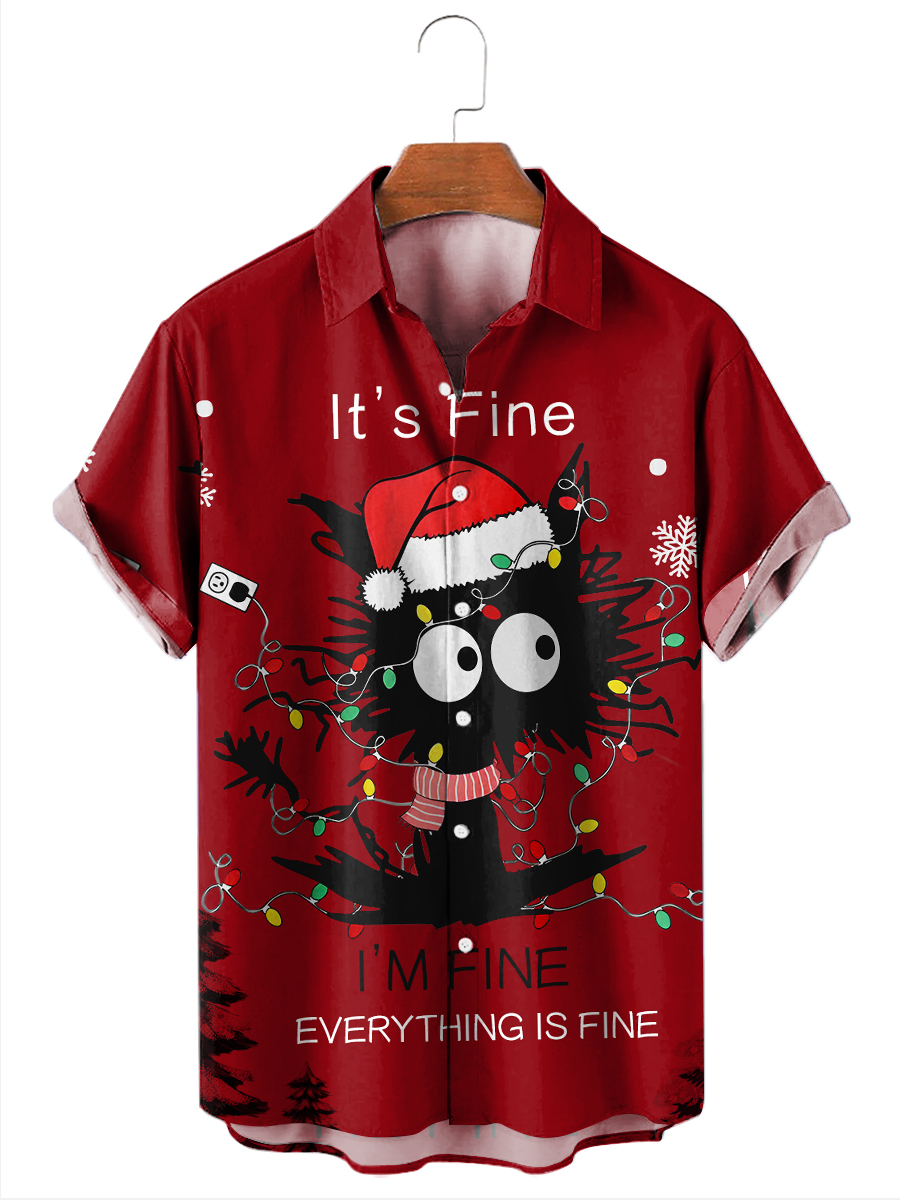 Men's Christmas Vacation Short Sleeve Shirts Electric Shock Kitten Print Aloha Shirts