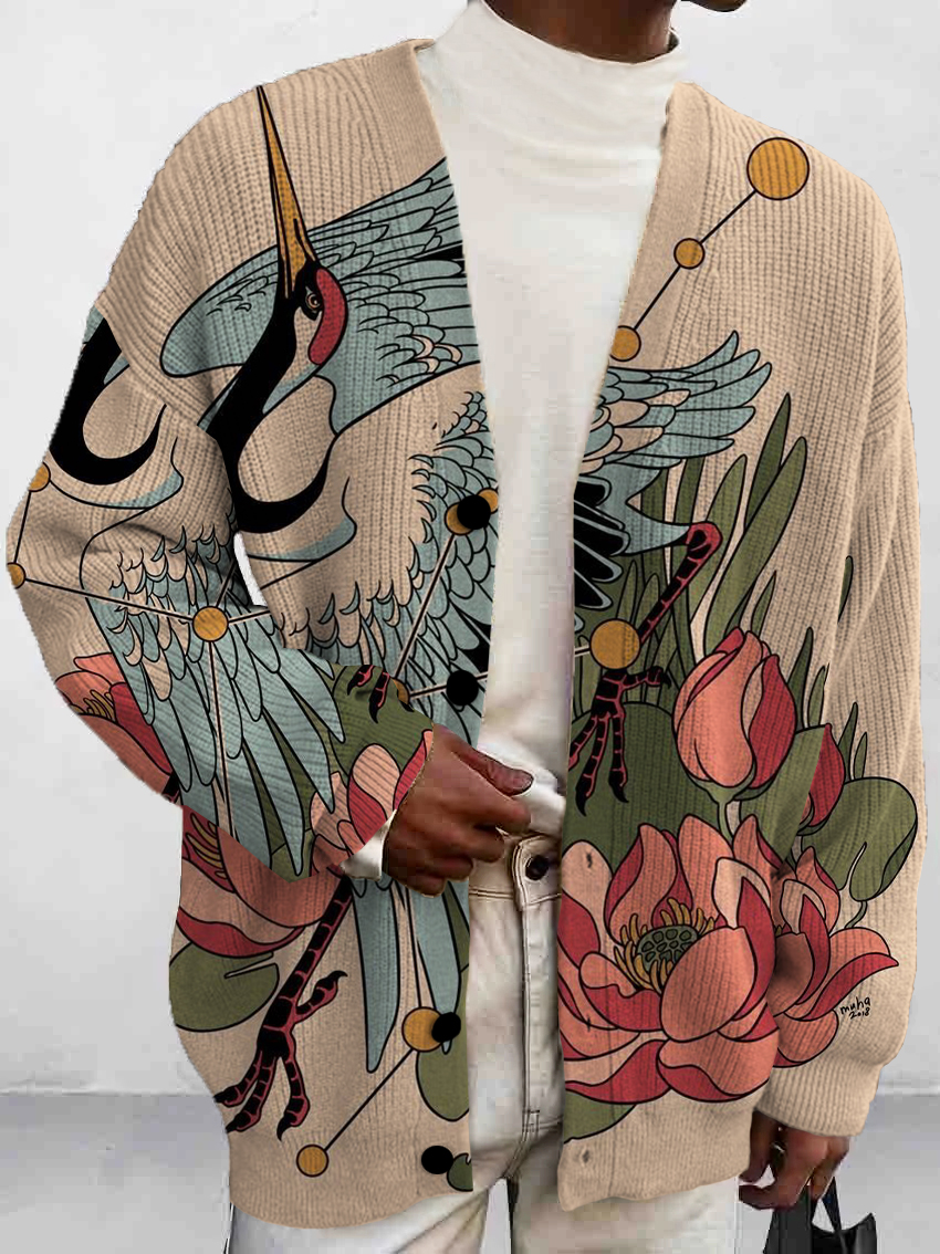 Men's Art Lotus And Crane Print Buttoned Cardigan Sweater