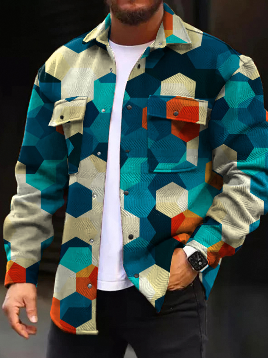 Men's Casual Jacket Hexagon Plaid Print Long Sleeve Pockets Shirt Jacket