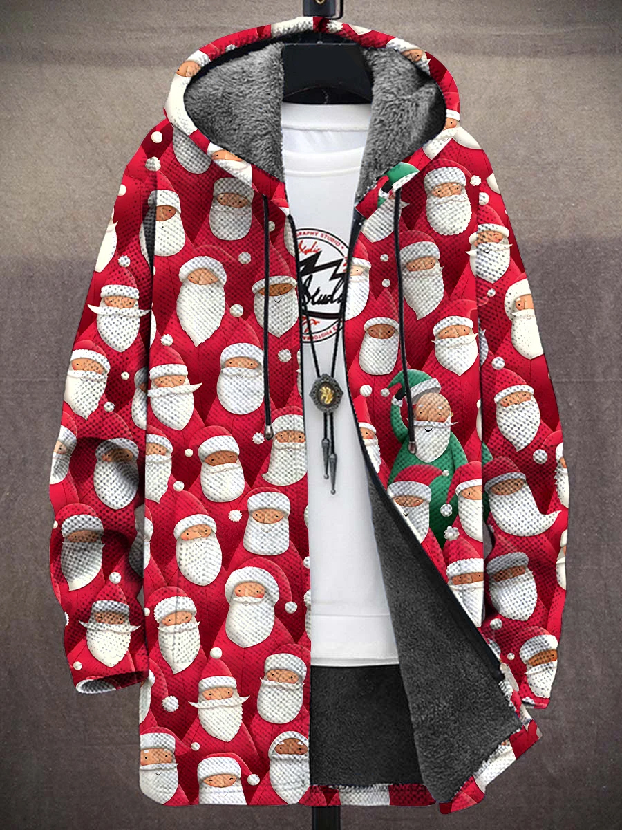 Men's Christmas Santa Print Hooded Two-Pocket Fleece Cardigan Jacket