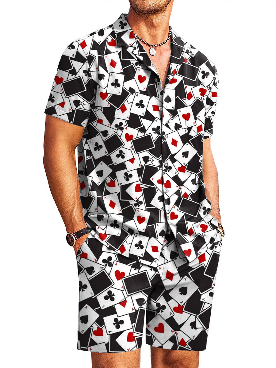 Men's Sets Poker Print Button Pocket Two-Piece Hawaiian Shirt Shorts Set