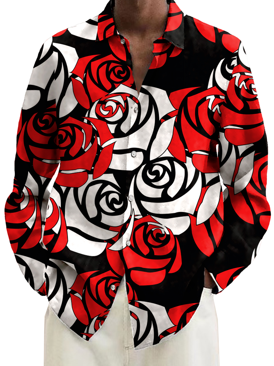 Men's Casual 2 Print Rose Plus Size Long Sleeve Shirts