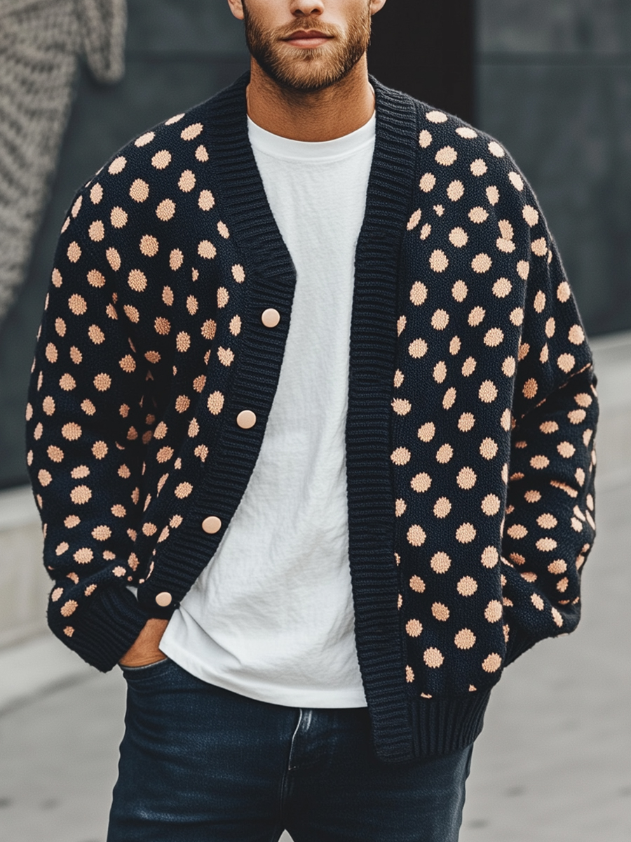 Vintage Polka Dot Knit Cardigan for Men