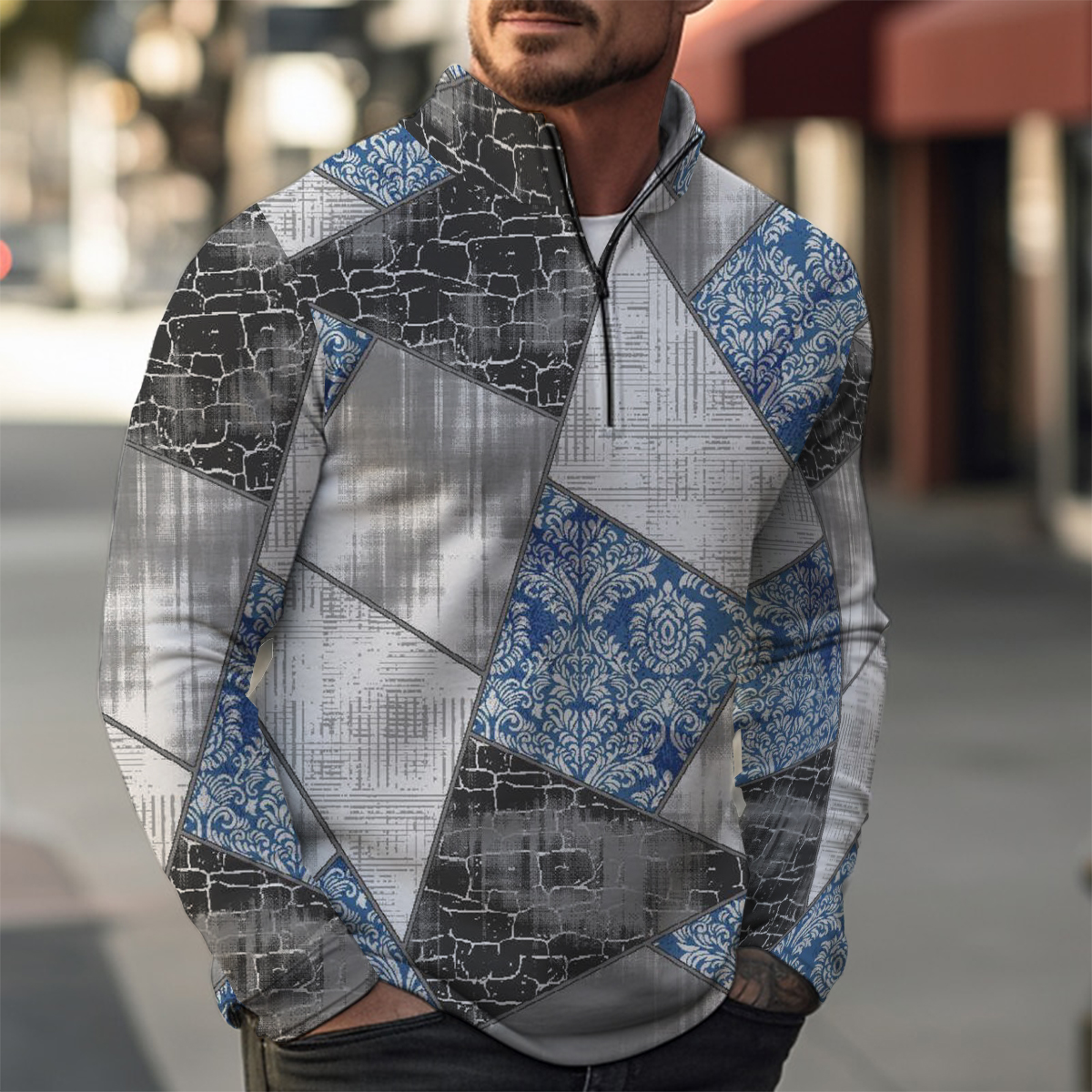 Retro Geometric Splicing Print Casual Zip Long Sleeve Sweater