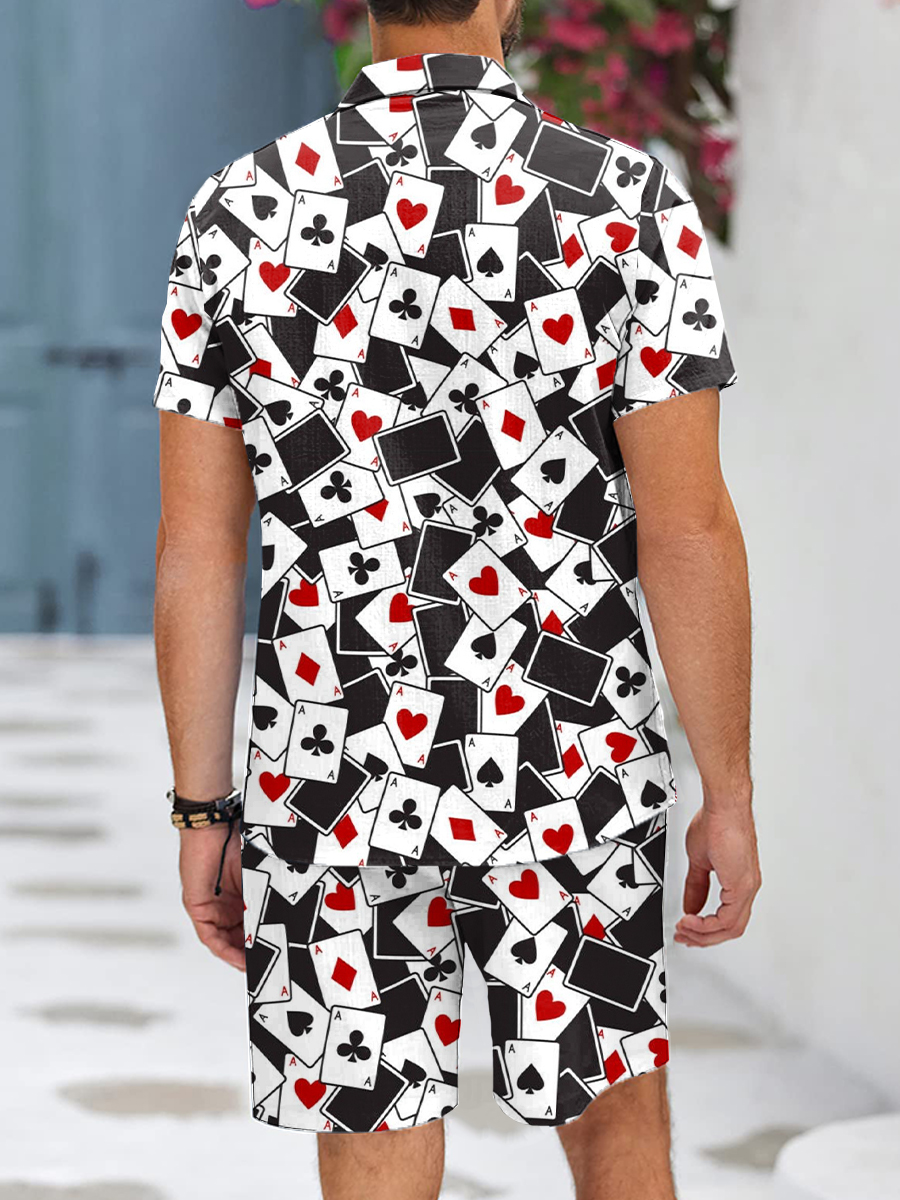 Men's Sets Poker Print Button Pocket Two-Piece Hawaiian Shirt Shorts Set