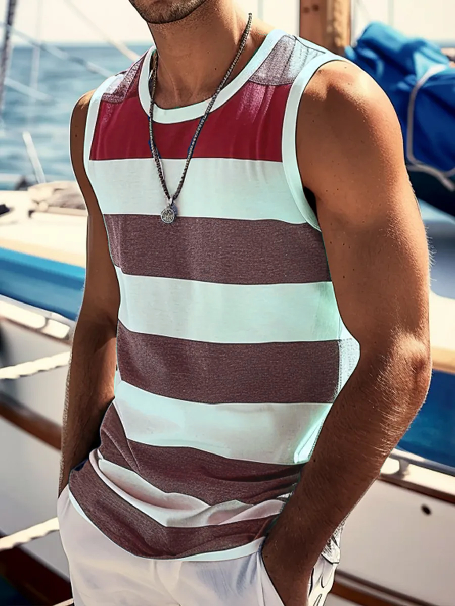 Men's Blue Stripes Print Crew Neck Tank Top Muscle Tee