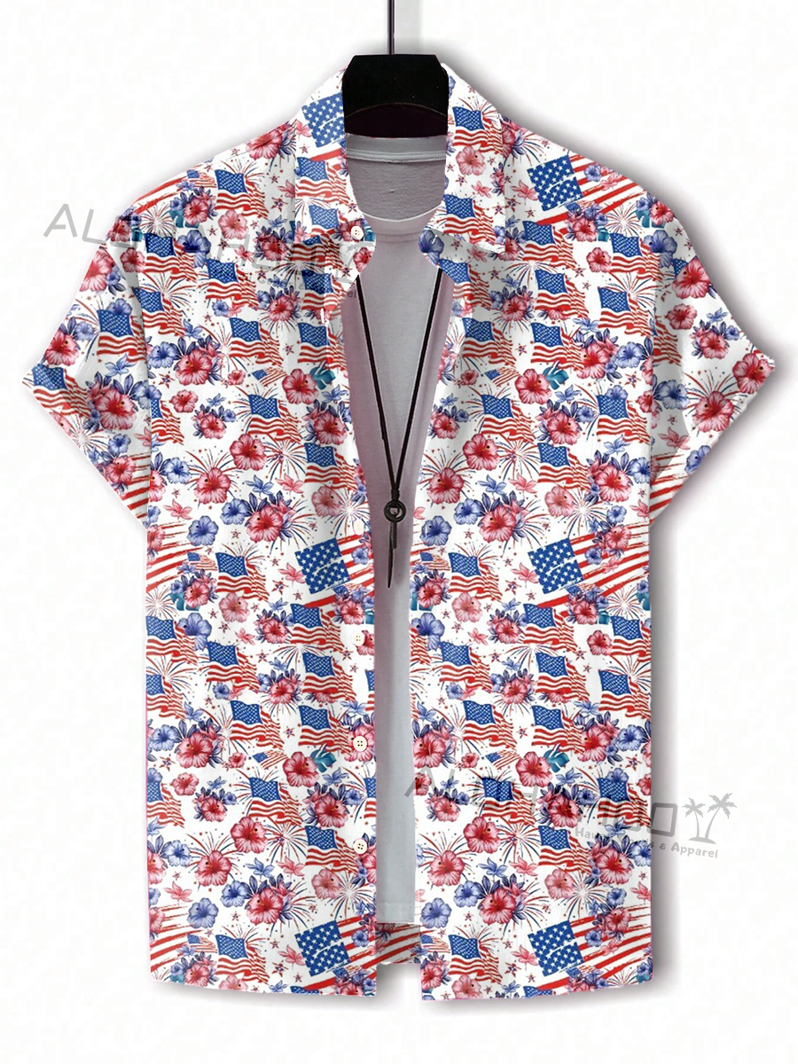 Men's Hawaiian Shirt Independence Floral Art Print Beach Easy Care Short Sleeve Shirt