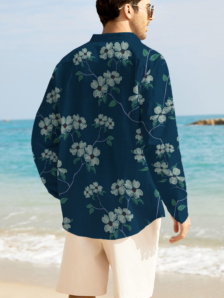 Flower Print Band Collar Long Sleeve Hawaiian Shirt