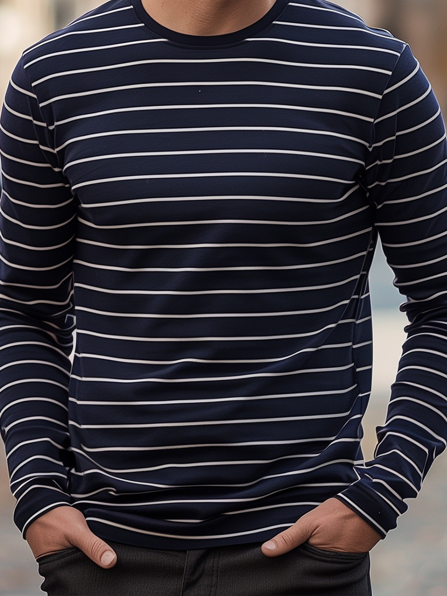 Men's Navy Stripes Long Sleeve T-Shirt For Fall