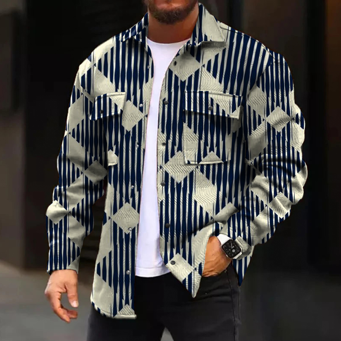 Men's Casual Jacket Fall Plaid Print Long Sleeve Pockets Jacket