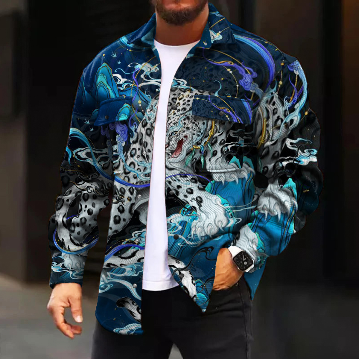 Men's Casual Jacket Myth Tiger Print Long Sleeve Pockets Jacket