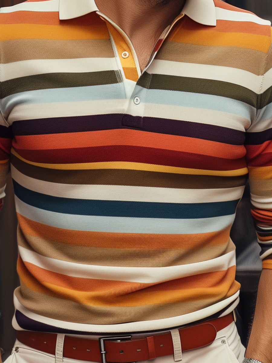 Men's Brown Stripes Long Sleeve Button Polo Shirt