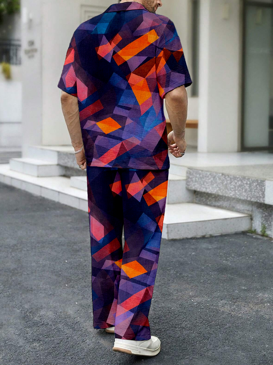 Men's Sets Colorblock Print Button Down Wrinkle Free Seersucker Two-Piece Shirt Shorts