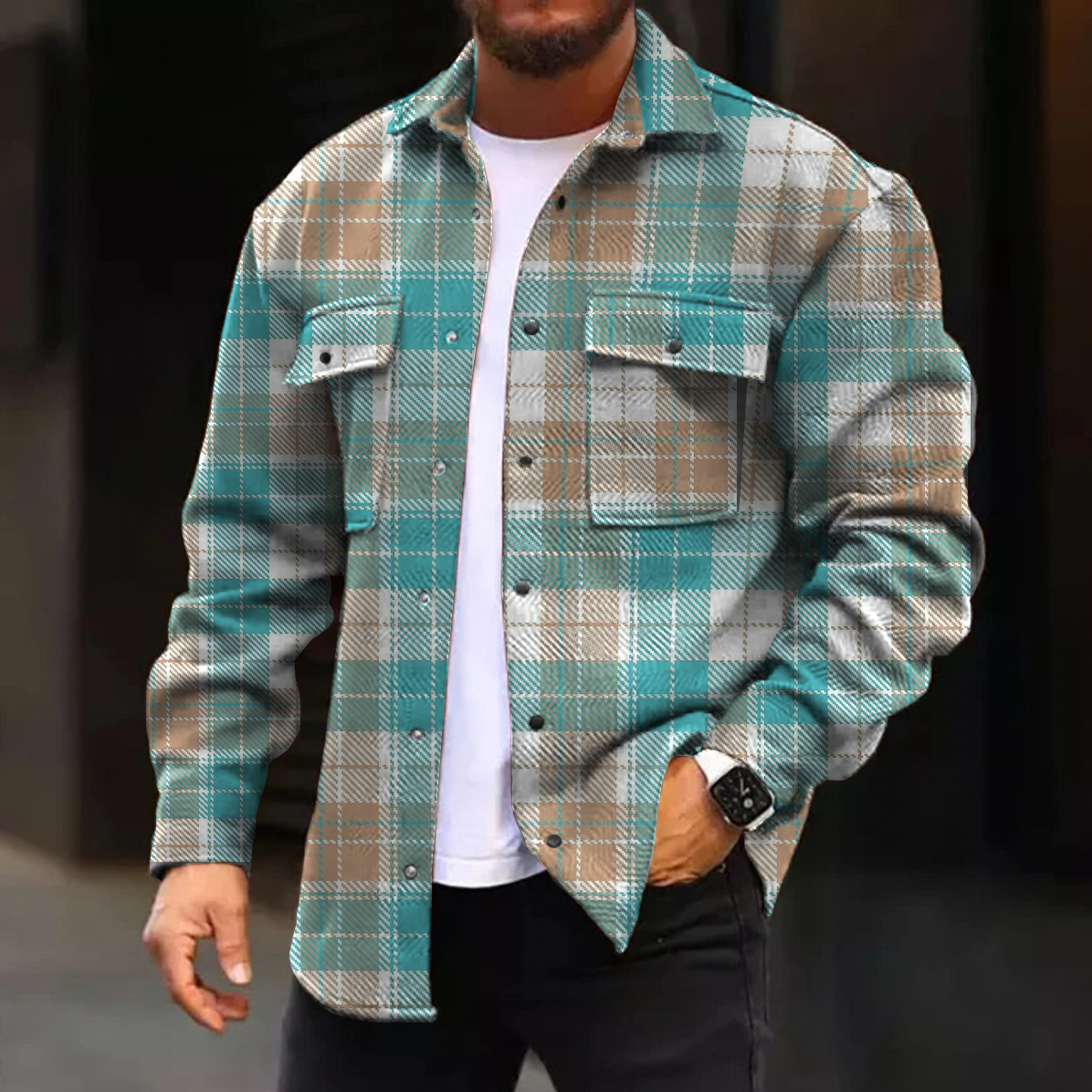 Men's Casual Jacket Fall Plaid Print Long Sleeve Pockets Jacket