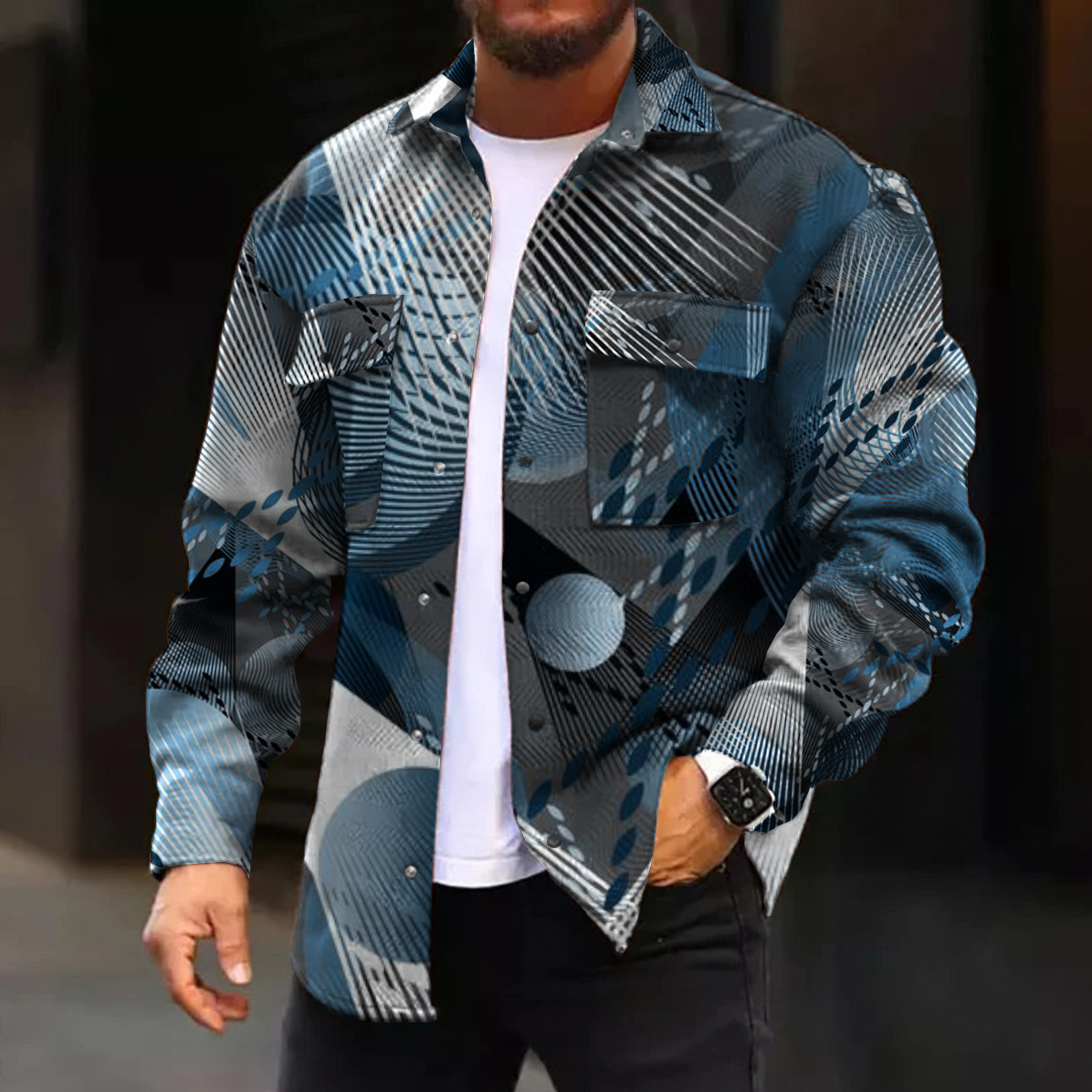 Men's Casual Jacket Navy Geometric Print Long Sleeve Pockets Shirt Jacket