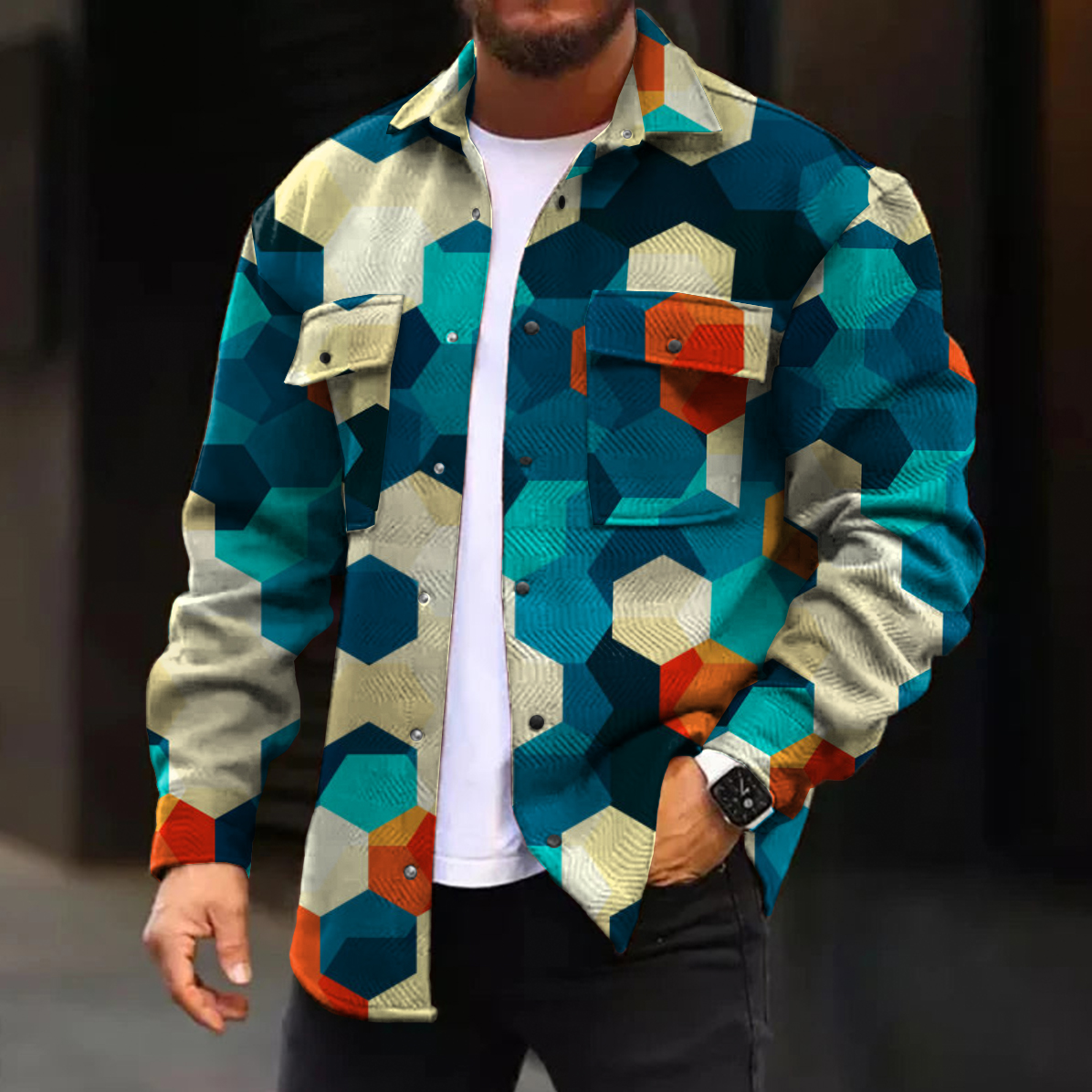 Men's Casual Jacket Hexagon Plaid Print Long Sleeve Pockets Shirt Jacket