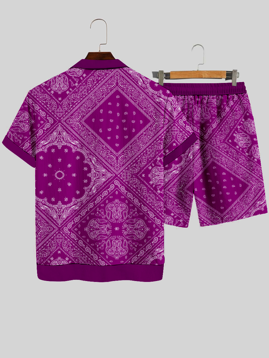 Men's Sets Hawaiian Vintage Plaid Patchwork Print Button Pocket Two-Piece Shirt Shorts Set