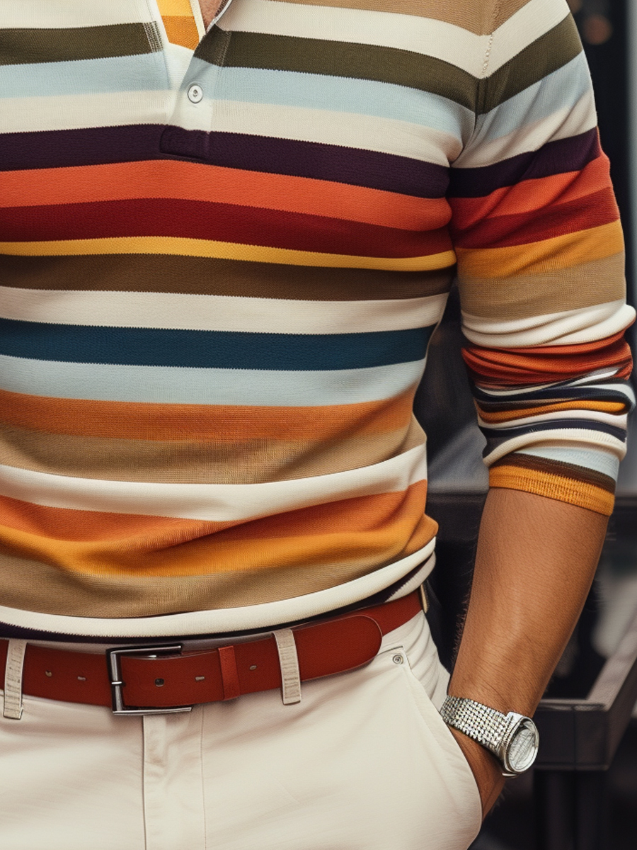 Men's Brown Stripes Long Sleeve Button Polo Shirt