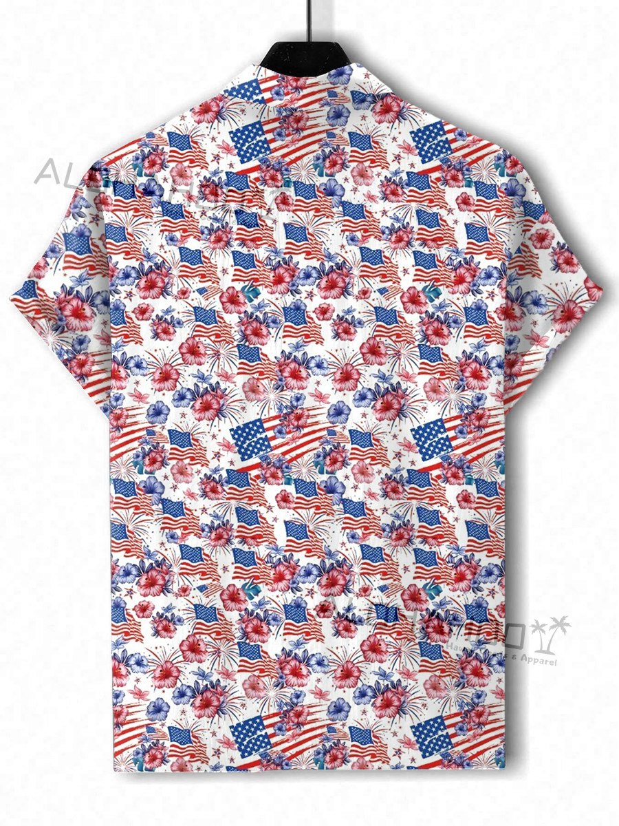 Men's Hawaiian Shirt Independence Floral Art Print Beach Easy Care Short Sleeve Shirt