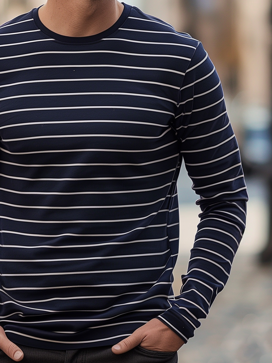 Men's Navy Stripes Long Sleeve T-Shirt For Fall