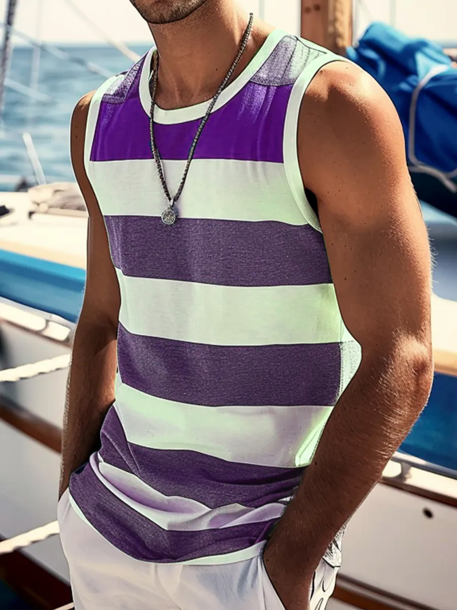 Men's Blue Stripes Print Crew Neck Tank Top Muscle Tee
