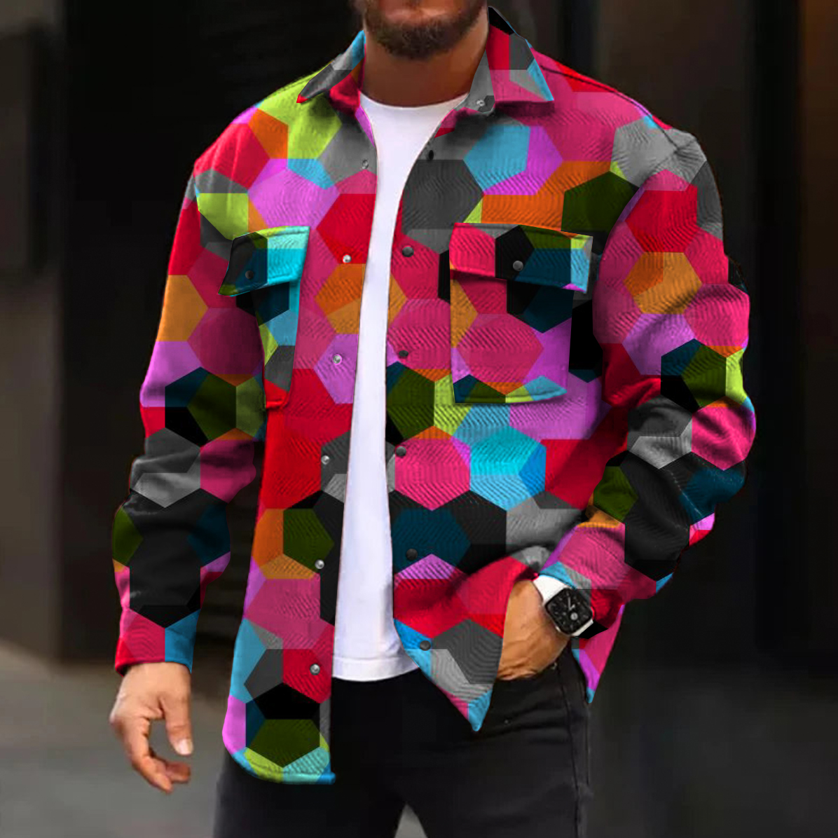 Men's Casual Jacket Hexagon Plaid Print Long Sleeve Pockets Shirt Jacket