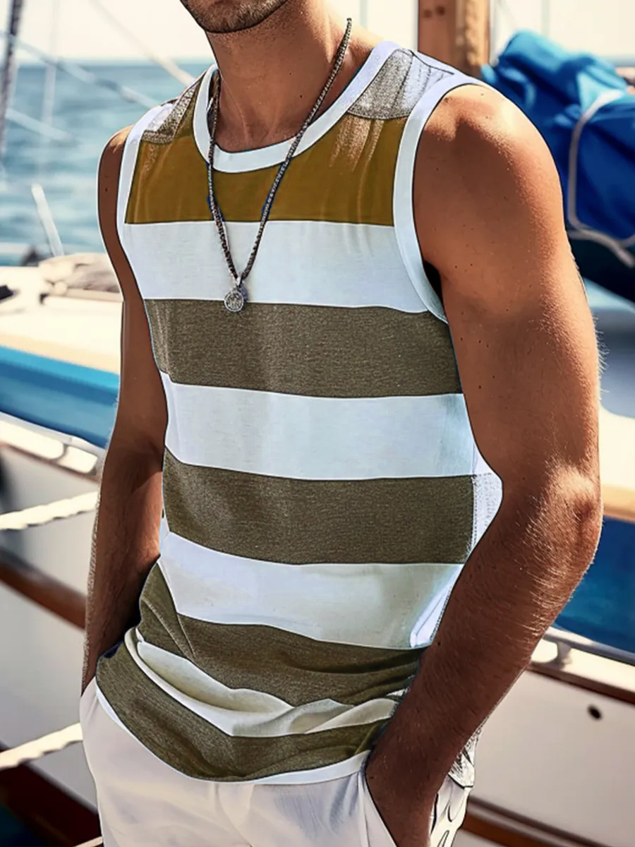 Men's Blue Stripes Print Crew Neck Tank Top Muscle Tee