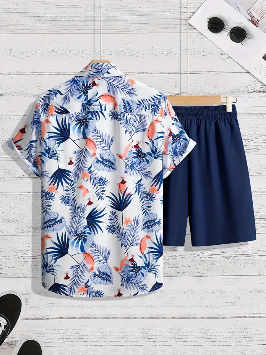 Men's Sets Hawaii Plant Pattern Button Down Two-Piece Shirt Shorts Set