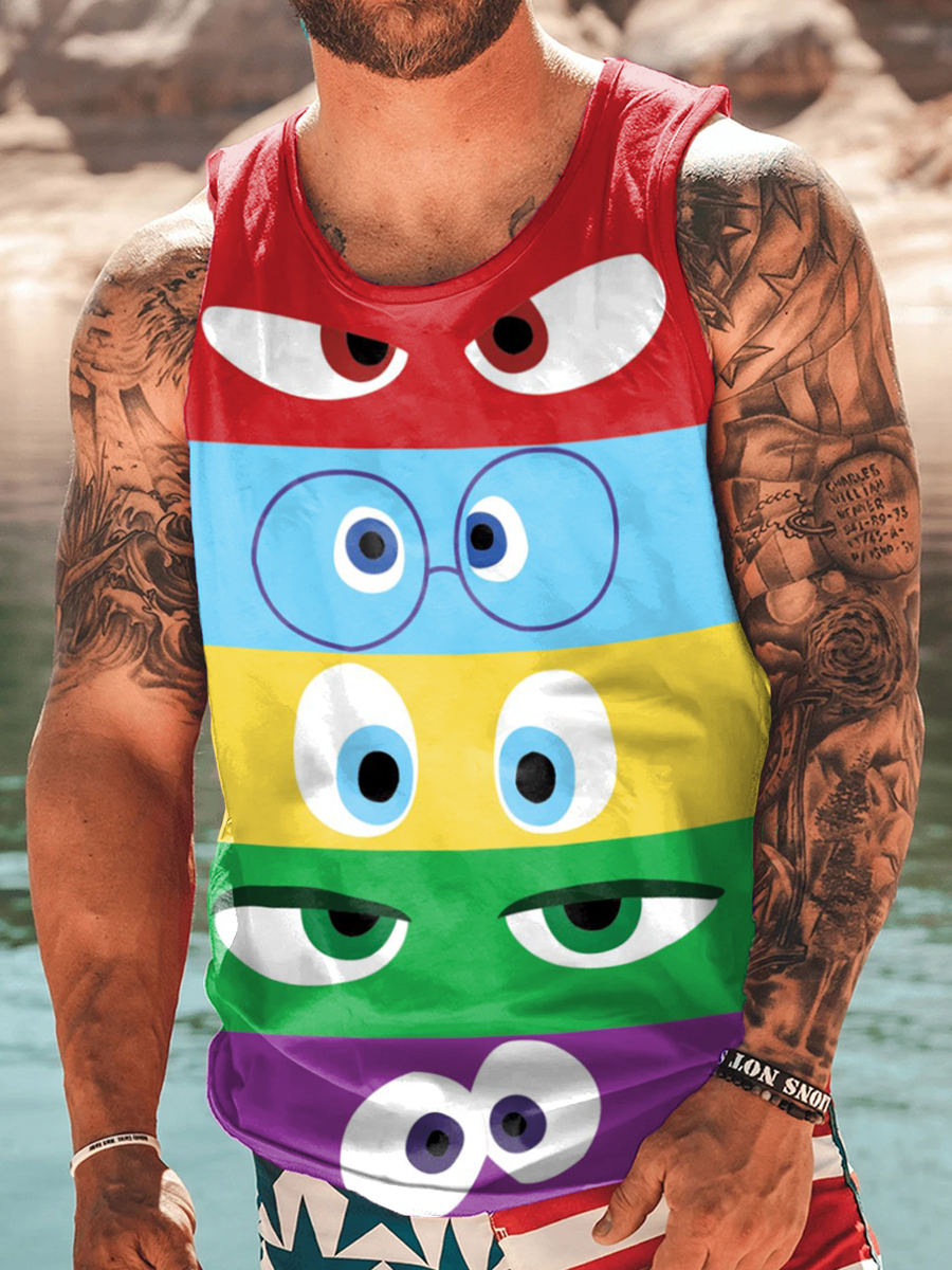 Men's Fun Colorblock Cartoon Pattern Crew Neck Tank Top Muscle Tee