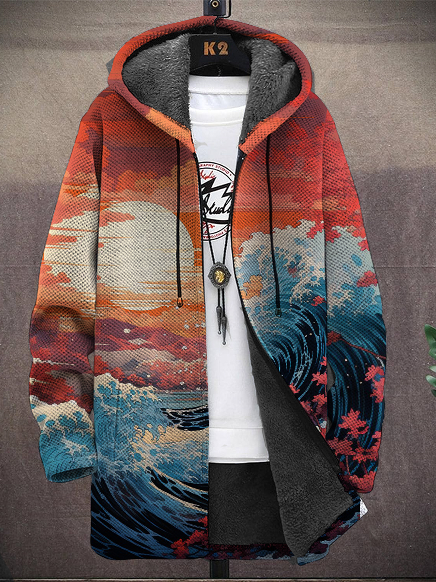 Unisex Japanese Style Landscape Print Long-Sleeved Fleece Cardigan Jacket