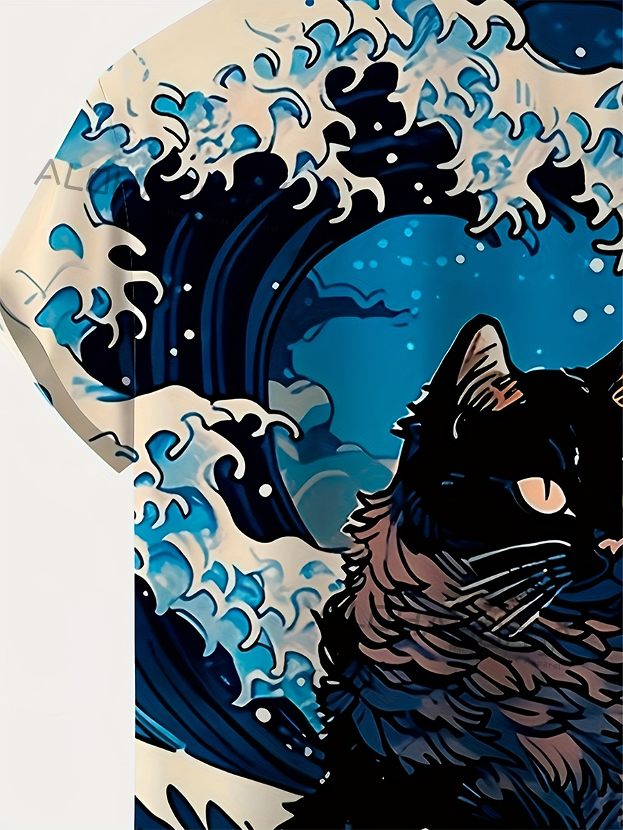 Men's Hawaiian Shirts Japanese Style Ukiyo-e Cat Pattern Loose Short-Sleeved Shirt