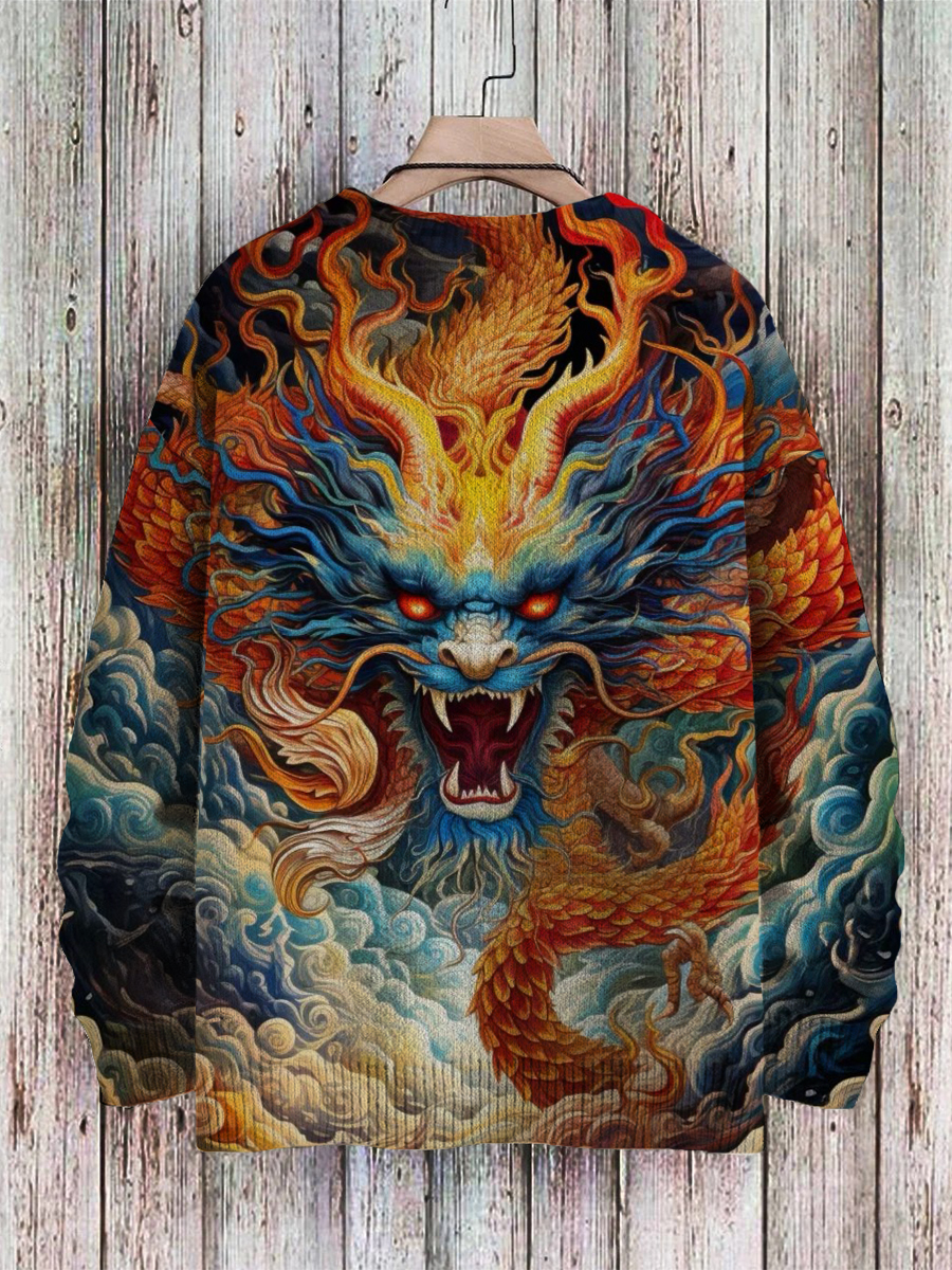 Men's Sweater Dragon Pattern Pullover Print Casual Sweater