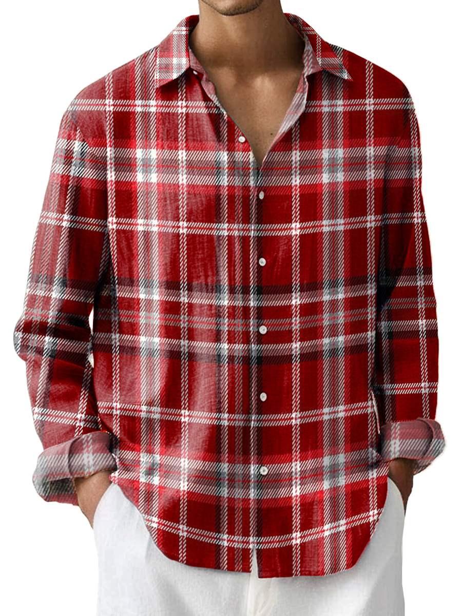 Men's Holiday Red Plaid Print Long Sleeve Shirt