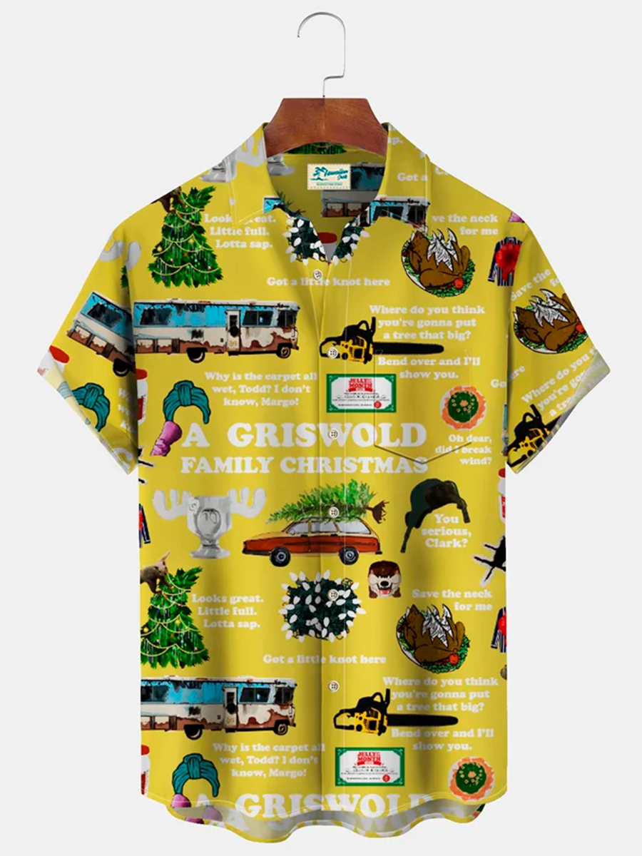 Men's Hawaiian Shirt Stretch Aloha Pocket Christmas Cartoon Camp Shirts