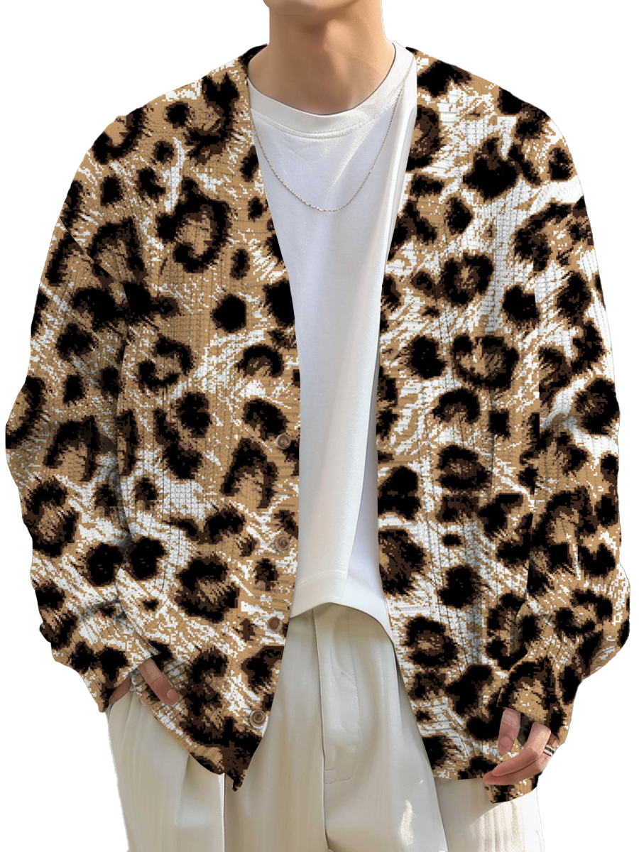 Men's Sweater Stylish Leopard Printed Buttoned Cardigan Sweater