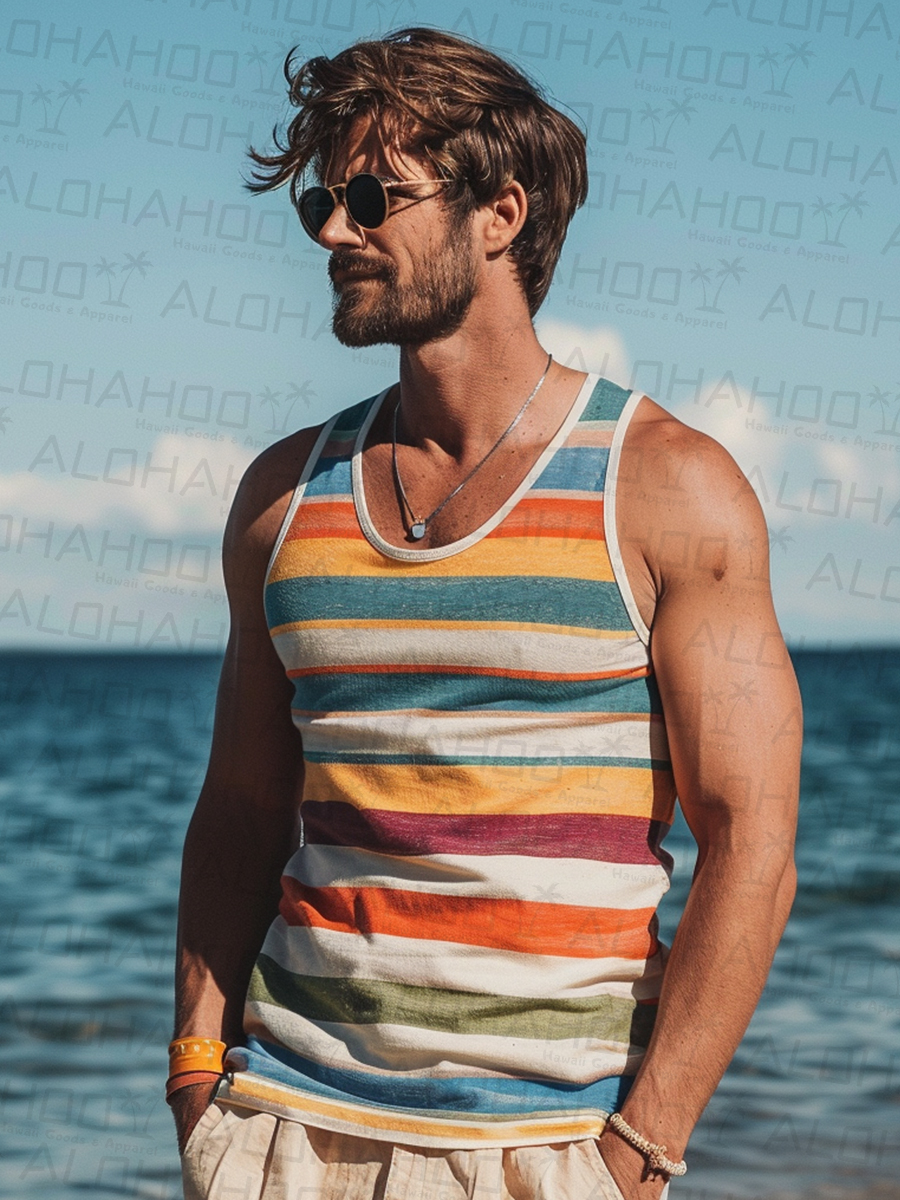 Men's Multicolor Stripes Crew Neck Tank Top Muscle Tee