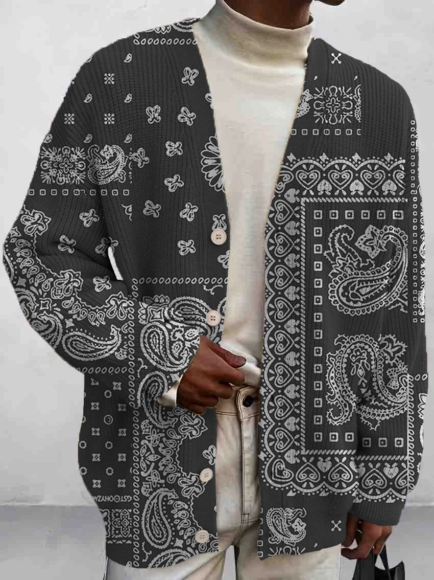 Men's Vintage Paisley Patchwork Print Buttoned Cardigan Sweater
