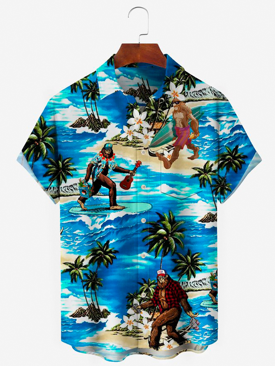 Men's Hawaiian Shirts Beach Vacation Bigfoot Wrinkle Free Seersucker Aloha Camp Pocket Shirts