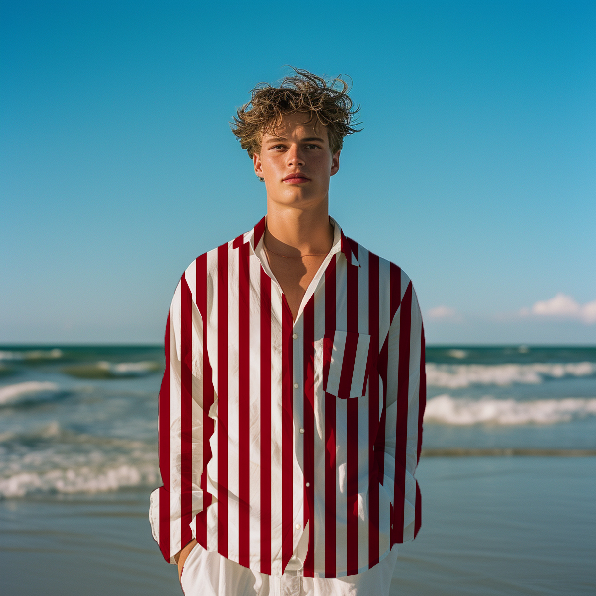 Basic Stripes Pattern Long Sleeve Pocket Hawaiian Shirt