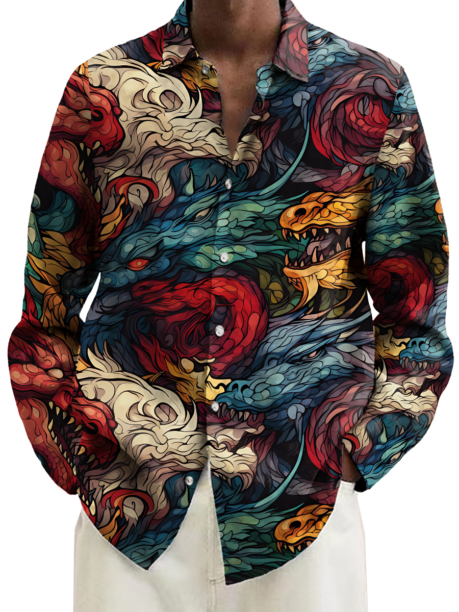 Retro Colorful Dragonfire Kaleidoscope Print Long Sleeve Hawaiian Shirt
