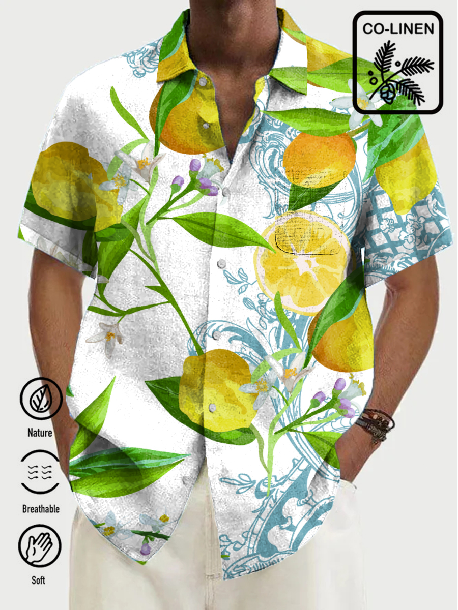 Men's Cotton-Linen Shirt Hawaiian Lemon Breathable Plus Size Shirts
