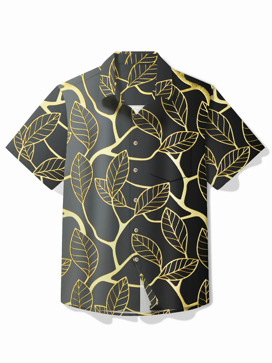 Vintage Botanical Gold Leaf Print Men's Button Pocket Short Sleeve Hawaiian Shirt